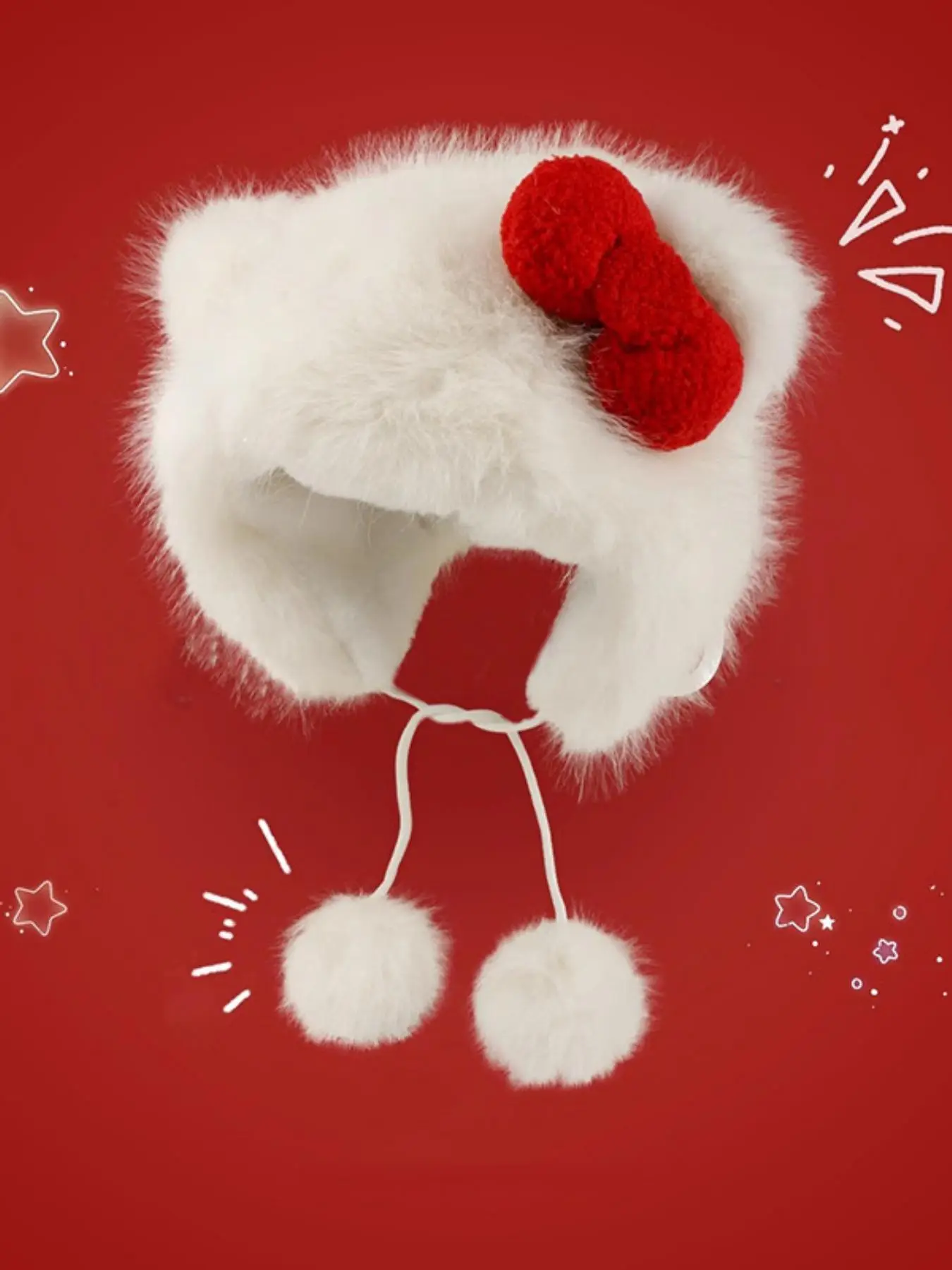 Cute Cat Ear Design Pom Pom Decor Plush Hat, New Style Bowknot Design Warm Hat for Fall & Winter, Fashion Accessories for Women & Girls