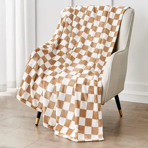 Checkered Blanket Flannel Throw Blankets Soft Cozy Checkered Grid Print Chessboard Gingham Pattern Blankets for Bed Sofa Couch for All SeasonsBlonde50"60"