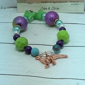 Eden & Eloise Dinosaur Charm Bracelet with Purple Green Beads and Rose Gold Dinosaur Charm