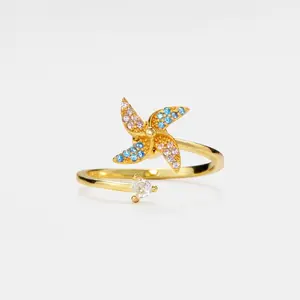 Virelyn B Gold Windmill Fidget Spinner Ring • Dainty Spinning Windmill Bypass Ring • Sterling Silver Friendship Jewelry • Best Friend Gift