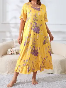 Plus Size Floral Print Sleepwear Dress, Ruffle Hem Short Sleeve Nightgown, Comfortable Casual Evening Gown for Women, Round Neck Nightdress