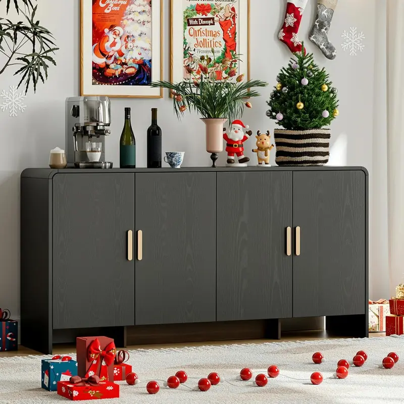 ONBRILL 48-Inch Sturdy Farmhouse Artificial Wood Buffet Sideboard - Modern Storage Cabinets with 4 Compartments, 2 Drawers, 3 Doors, Adjustable Shelf, Curved Edges, Abrasion Resistant, Scratch Resistant, L:60"xW:15.7"xH:31.1" for Kitchen, Home Bar, Furnit