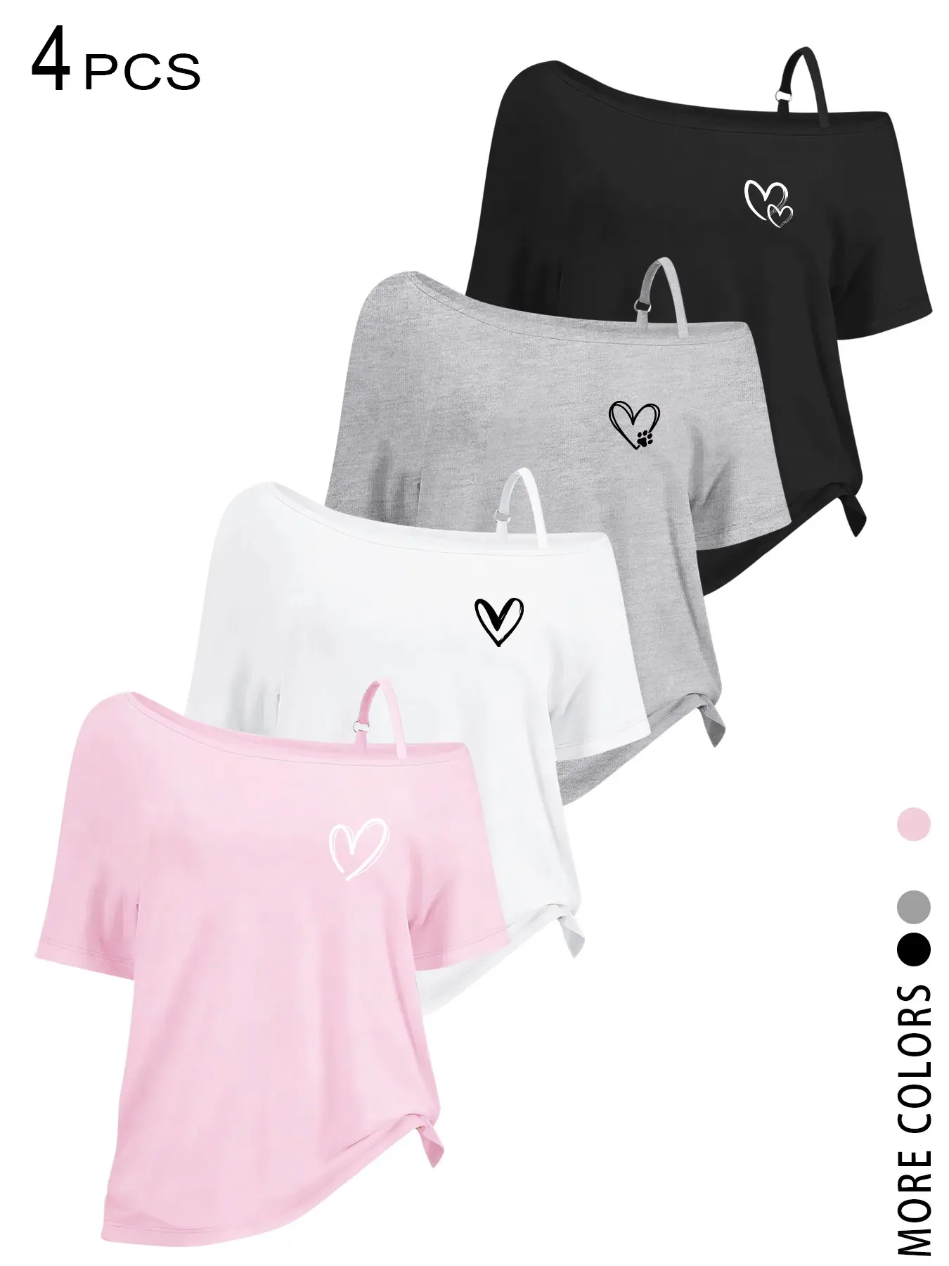 4 PCS/1 PCS Off Shoulder Short Sleeve Tops for Women 2026 Cute Heart Graphic Tees, Loose Drop Shoulder T-Shirts, Casual, Summer Going Out Tops for Teen Girls Trendy Y2K Streetwear Aesthetic Clothes for Vacation Beach Party Lounge Wear