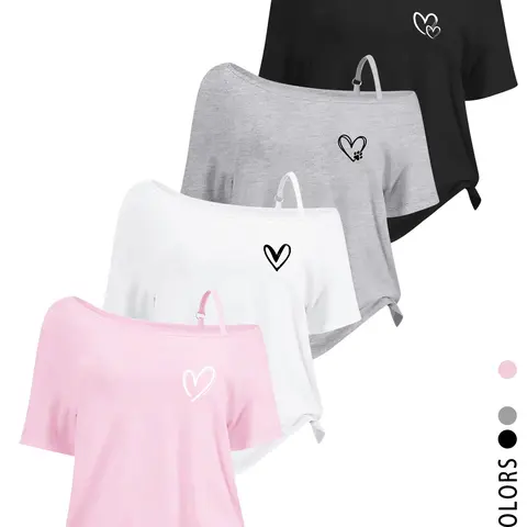 4 PCS/1 PCS Off Shoulder Short Sleeve Tops for Women 2026 Cute Heart Graphic Tees, Loose Fit Drop Shoulder T-Shirts, Casual, Summer Going Out Tops for Teen Girls Trendy Y2K Streetwear Aesthetic Clothes for Vacation Beach Party Lounge Wear