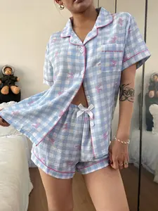 Valentine's Day Bow Tie Plaid Print Short Women's Pajama Set Pjs, Short Sleeve Button-Up Top and Pants, Soft Satin Sleepwear, Loungewear, and Wearable Outdoors