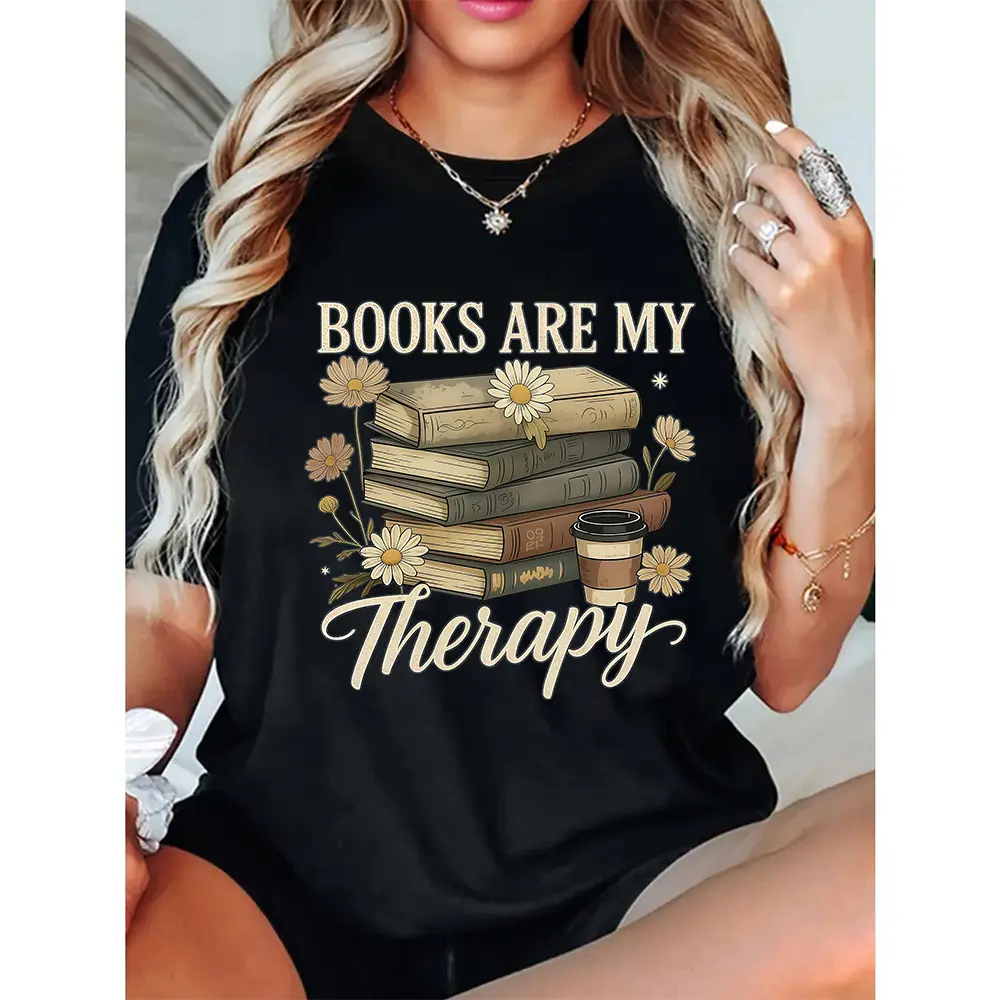 BOOKS ARE MY THERAPY Books Print Women'S T-Shirt 2026 Spring/Summer Bookworm Style Short Sleeve Daily Light Outfit Loose And Top Book Theme Fashionable And Versatile Design Women'S Clothing S-XXL