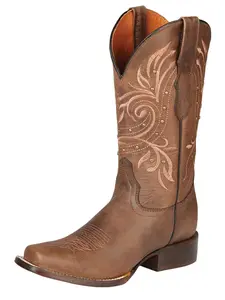 Botas Rodeo de Piel Original Punta Cuadrada Para Dama Color Cafe Alazan - El General