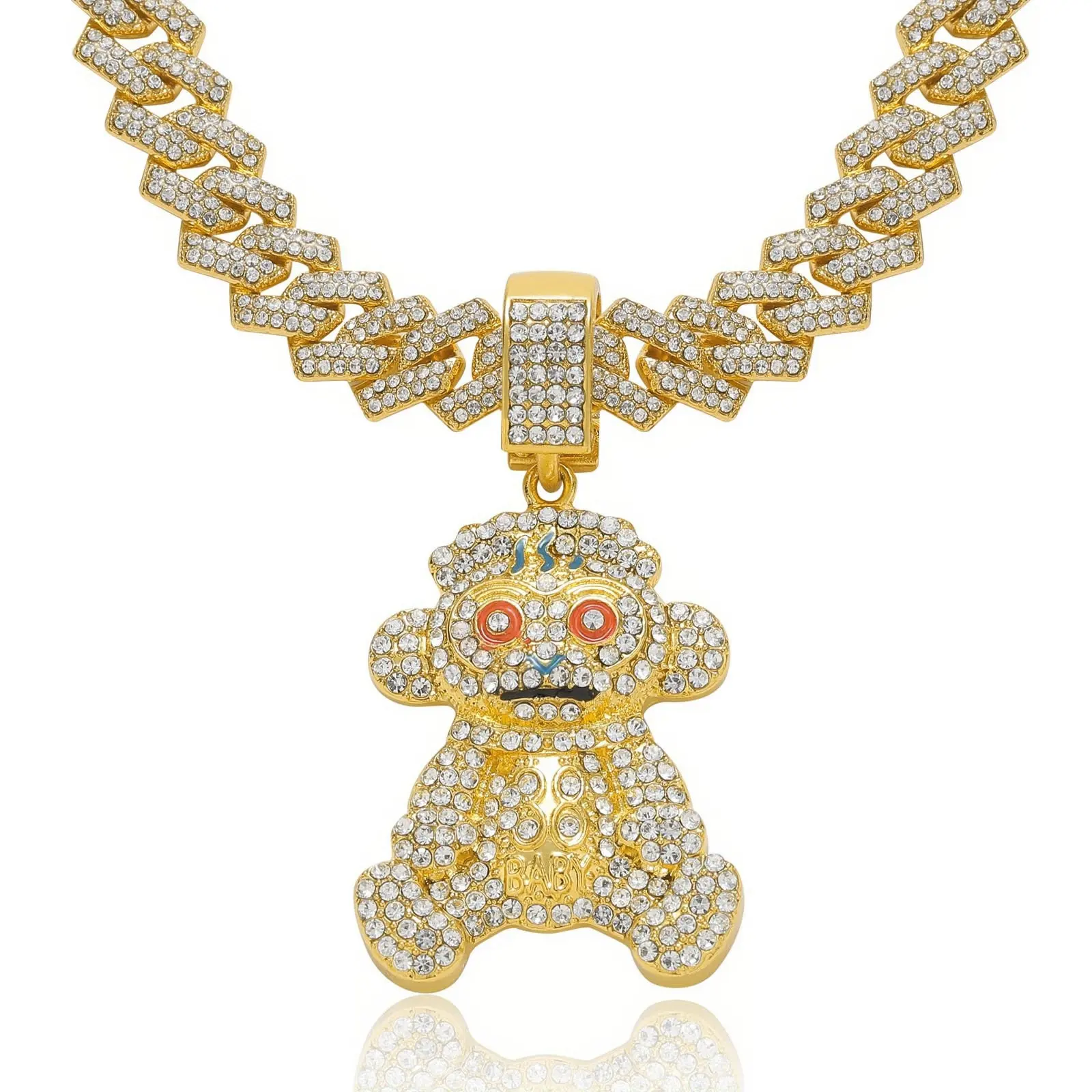 MaxBling81 Men's Hip Hop Chain & Link Necklace, 14mm Chunky Gold Plated with Iced Animal Monkey Pendant, Multi-Size 18-24in, Cuban Necklaces