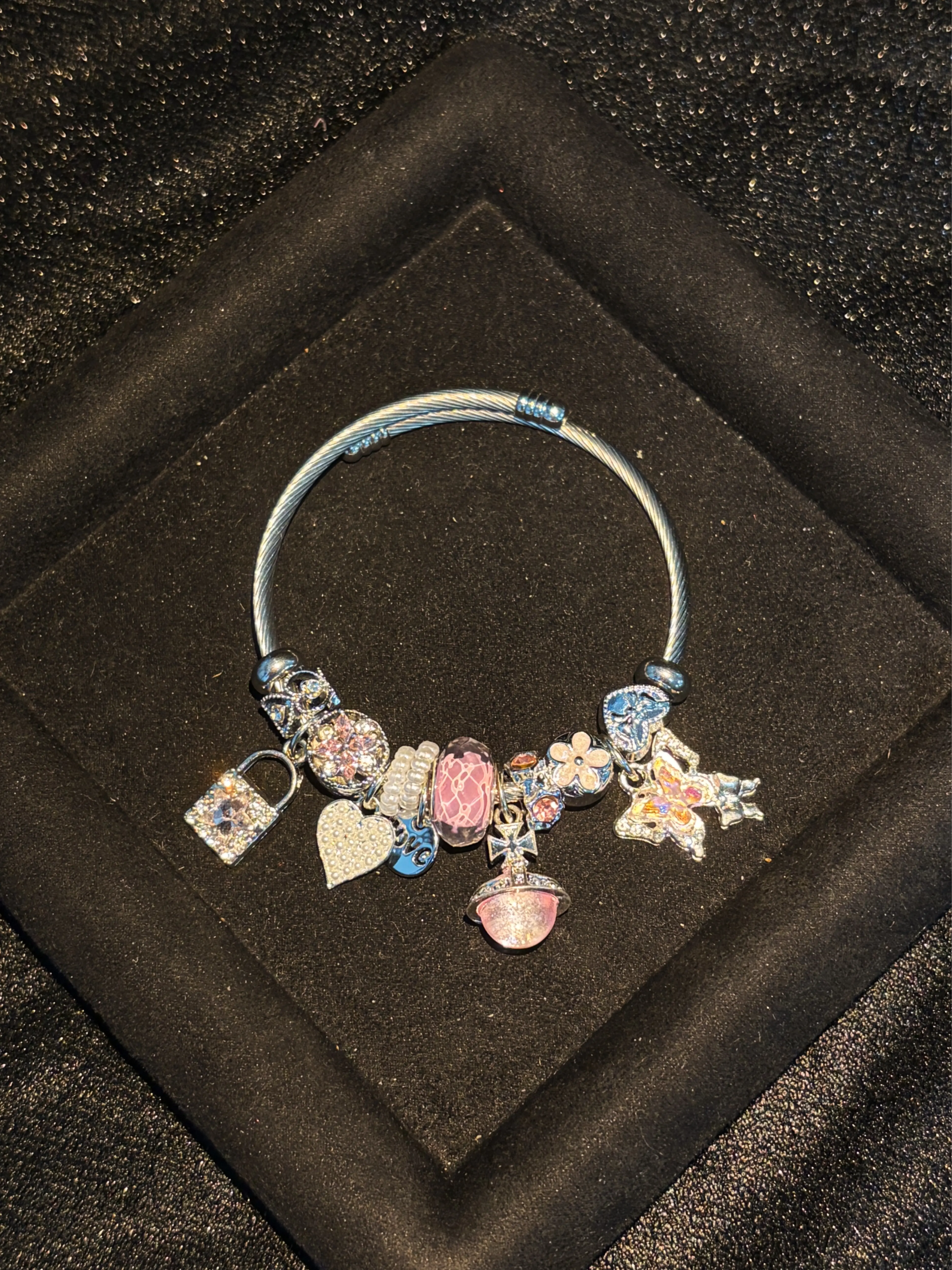 Women's Silver-Tone Open Cuff Beaded Stackable Pendant Bracelet - Pink Planet, Butterfly, Heart Lock Charm Set Bracelets & Bangles with Rhinestones, Daily Wear Gift Jewelry for Women