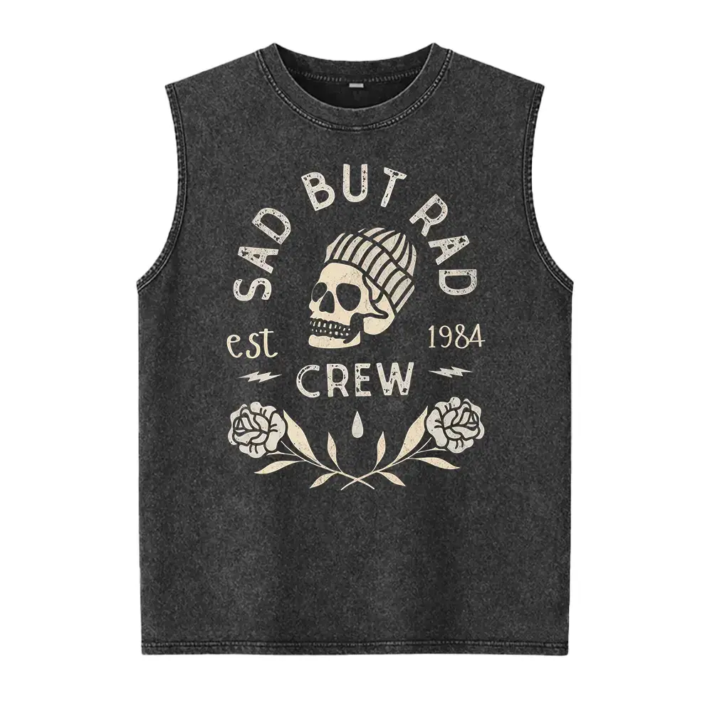 Sad But Rad Graphic Washed Vest | Distressed Grunge Aesthetic Alt Clothing | Goth Skull Vintage Sleeveless Top | Mental Health Awareness Apparel,clothes for back to school,first day of school outfits