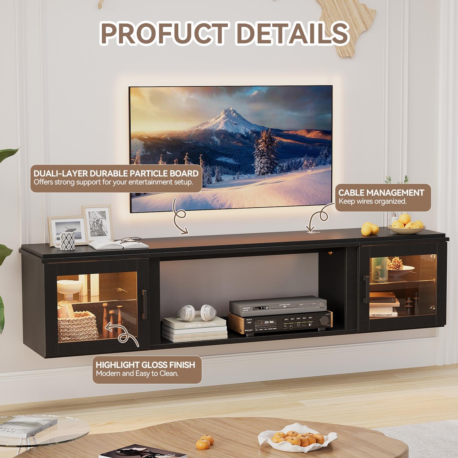 [TV STAND ONLY]oneinmil 70” Floating TV Stand | Large Storage Media Console with Adjustable Shelves | Wall-Mounted Entertainment Center for 80” TVs (220LBS Capacity)