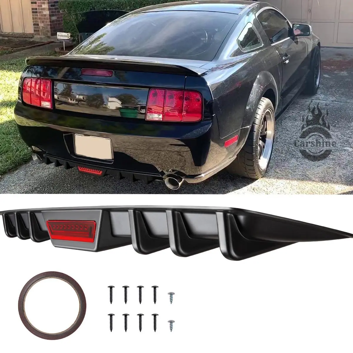 For Ford Mustang GT 2005-2008 Rear Lower Bumper Diffuser Shark Fins Spoiler Lip（Please note: this is a reflective strip, not an actual light.）