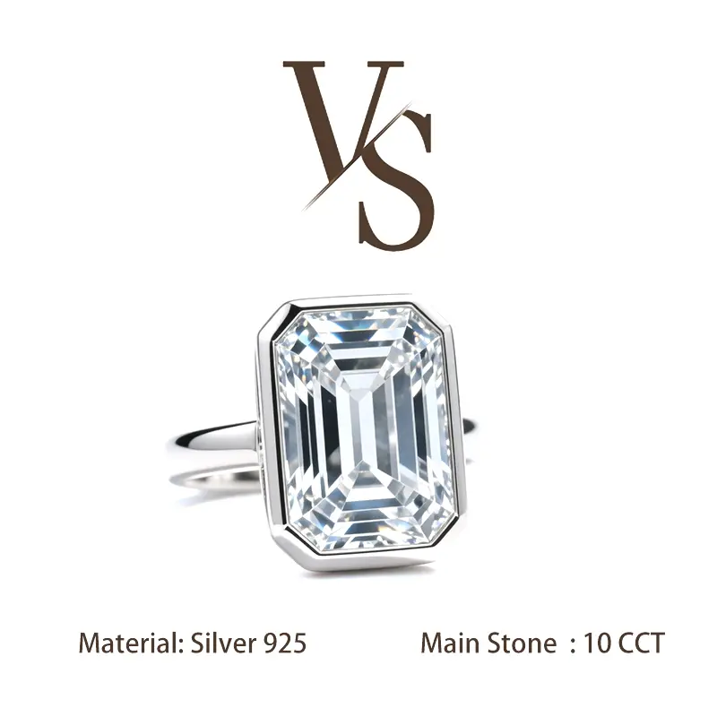 [Venus Jewelry] Lab Created Gemstone 10 CCT Emerald Cut Luxury Halo Design Solid Silver 925 Ring
