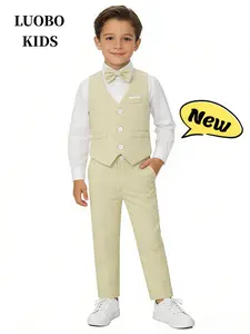 【Bebekids】Boys' Gentleman Suit, Linen Blend Children's Vest Set, Christmas Set, Three-piece Set with Vest, Bow Tie and Pants, Formal Clothing for School Performances, Weddings, and Holidays - 93008