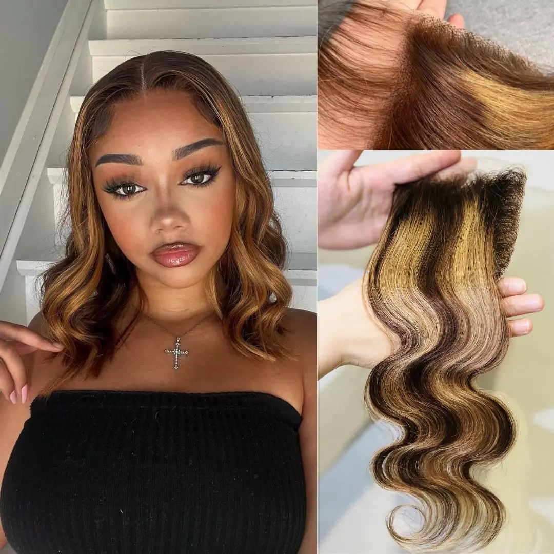 ANMETAN 4x4 Lace Closure Body Wave Honey Blonde Highlight Brown Ombre 4/27 Colored 4x4 Closure Wavy Free Part Melt 10 Inch 12A Brazilian Virgin Remy Pre Plucked With Baby Hair