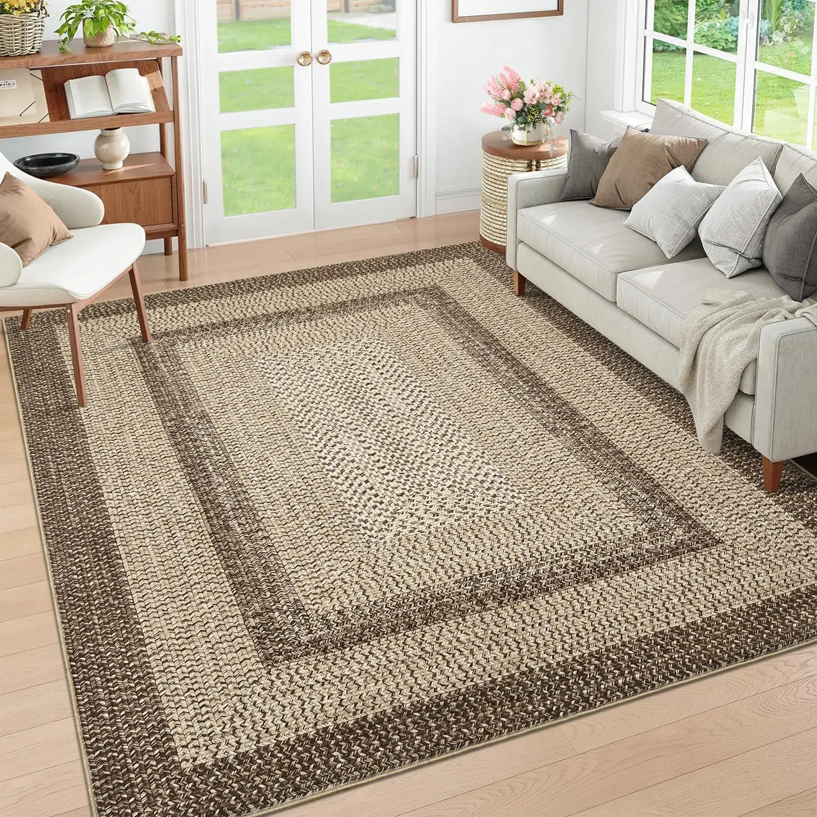 8x10 Braided Collection Area Rug, Washable Navy Vintage Country Cottage Carpet, Low Pile Non-Slip Indoor Throw Rug for Living Room & Bedroom, Camel