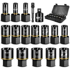 Bolt Extractor Kit 3/8 Inch Drive, 17- Easy Out Nut and Bolt Extractor Set For Damaged, Frozen, Studs, Rusted, Rounded , Include  Reducer and Drill Bit Adapter, Cr-Mo Steel