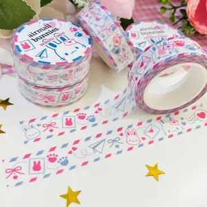 Airmail Bunny Washi Tape - Cute Stationery, Red Blue Stripes, Happy Mail, Postage, Airplane