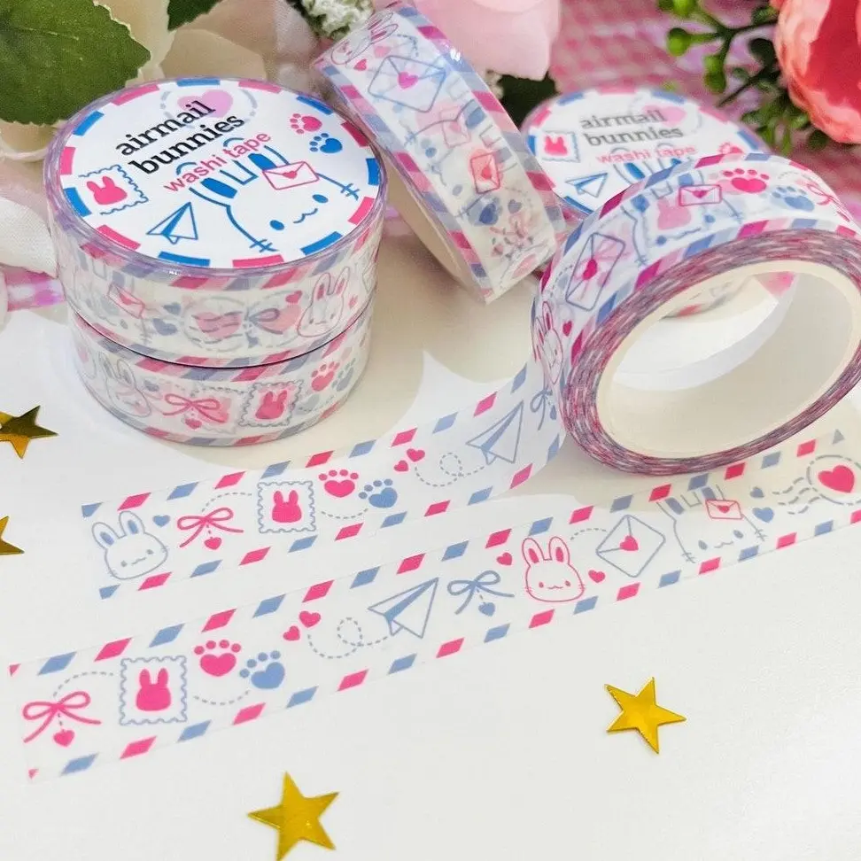 Airmail Bunny Washi Tape - Cute Stationery, Red Blue Stripes, Happy Mail, Airplanes