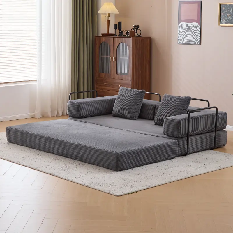 Bellemave 3-Seat Corduroy Space Saving Loveseat - Non-Inflatable Dual-Folding Multi-Function Portable Convertible Floor Sofa Bed Futon Set with Pillow-Backed Support, Armrest for Living Room, Bedroom (Dark Grey)