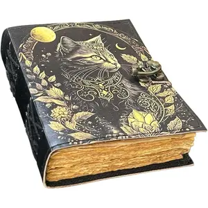Celtic Magic Cat Sun and Moon Leather Journal – Blank Spell Book of Shadows Grimoire – Handmade Vintage Leather Sketchbook – 200 Unlined Deckle Edge Pages – Gift for Him or Her (Celtic Cat)