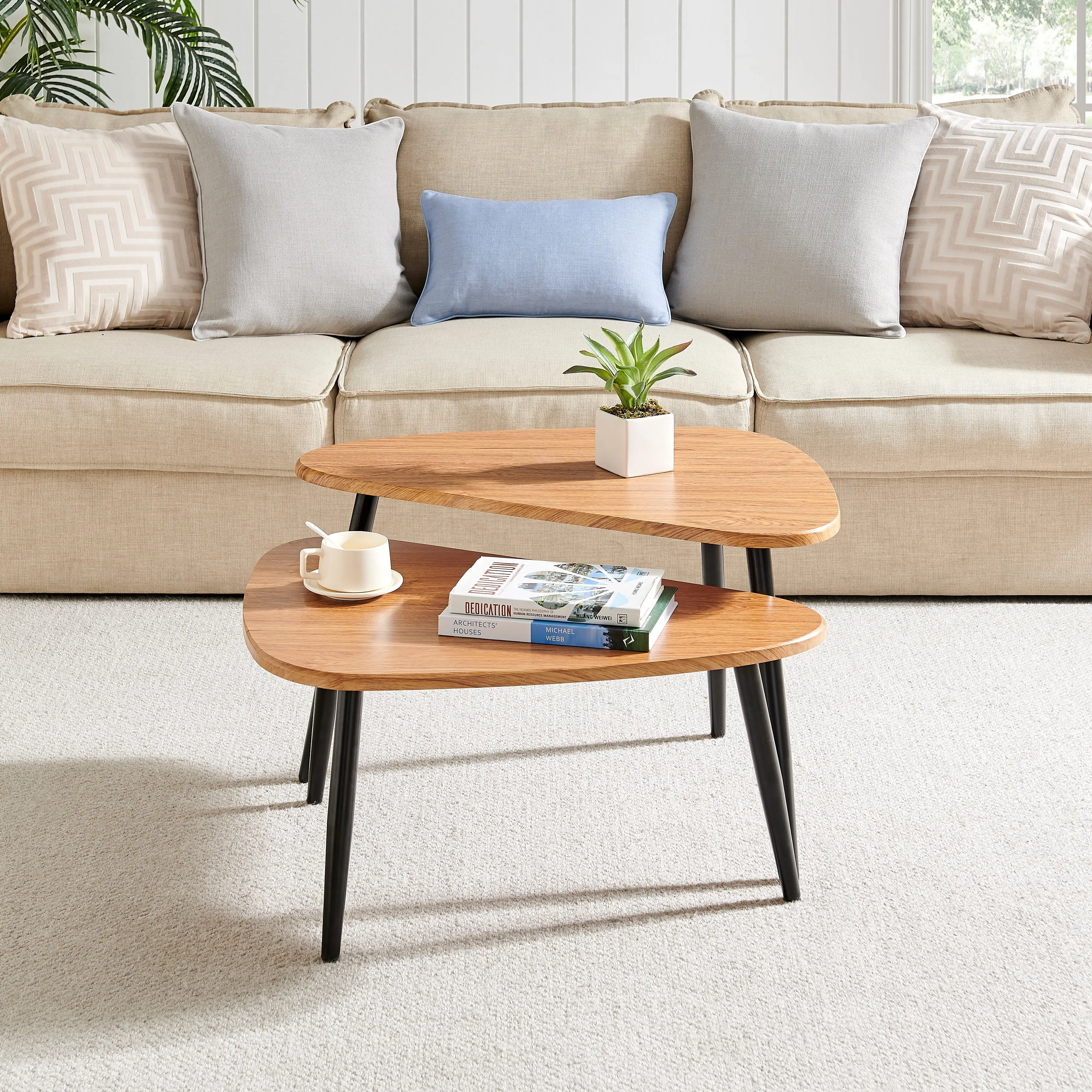 Aurora Asymmetrical Modern Oval Teardrop 2 Piece Semi-Nested Modular Coffee Table Set