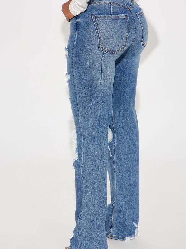 Posted Stretch Ripped Straight Leg Jeans - Medium Wash