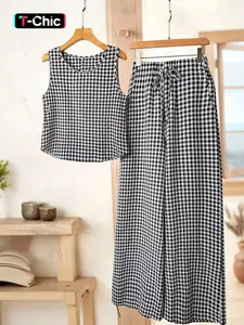 Women's Fashion Sleeveless Round Neck Plaid Vest and Tie Waist Pants Set, Casual Elegant Daily Wear, 2-Piece for Everyday Style, Womenswear