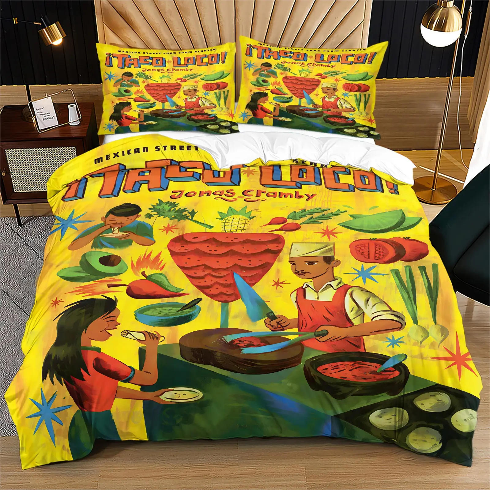 Mexican Street Taco Graffiti Bedding Set, Vintage American Food Bed Linen, Cool Bedroom Decor Kit, Street Style Decoration
