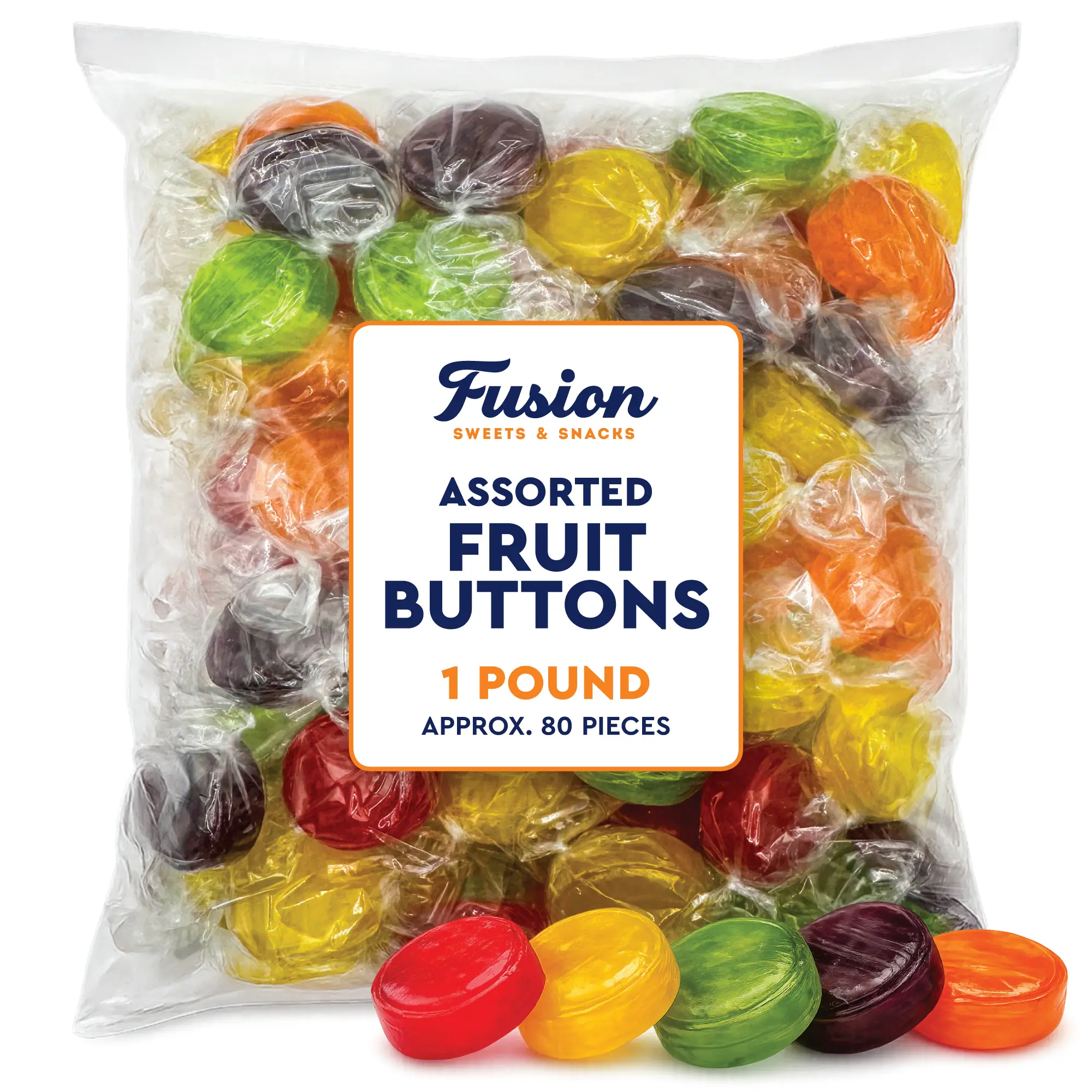 Assorted Fruit Buttons Hard Candy Snack, 1lb Bulk Bag, Individually Wrapped Fruit Discs (Approx 80 Pieces) - Sweet, Back to School, Graduation, Pick and Mix Treats (Cherry, Orange, Lemon, Lime, Grape)