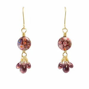 Purple Millefiori Floral Earrings with Czech Glass Teardrops – Gold Wire Wrapped Dangle Earrings – 2 Inch  These handcrafted dangle earrings feature beautiful purple millefiori glass disc beads with delicate floral pattern