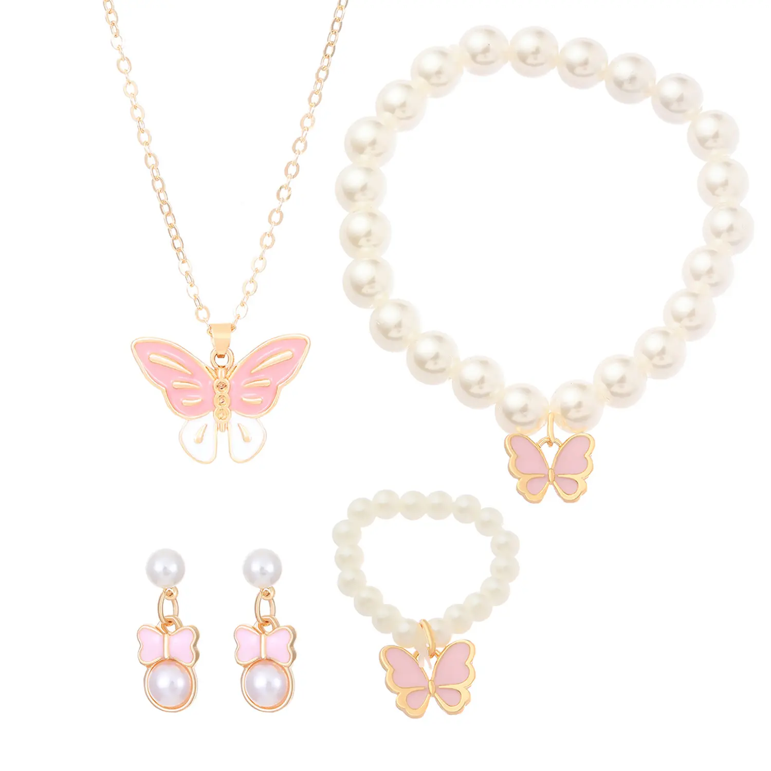 1 Set Shinny Butterfly Heart Pendant Earrings Rings Necklace Bracelet Set for Women Fashion Elegant Jewelry Set