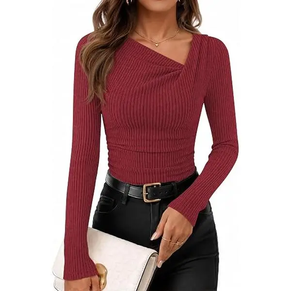 ZESICA Asymmetrical Neck Long Sleeve Shirts for Women 2026 Going Out Tops | Ribbed Knit Tops, Ruched Waist Tshirts, Slim Fit Shirts, Office Work Outfits, Business Casual T-Shirts, Fall Winter Clothes