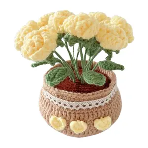 DIY Flower Potted Crochet Kit with Video Tutorials Artificial Small Potted Plants Wear Resist Hand Woven Knitting Kit for Home Room Decor Desktop Ornament