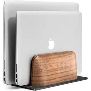 Vertical Laptop Stand, Dual Slot Wooden Laptop Holder Vertical for Desk, Width Adjustable Dock for MacBook Pro and Other Laptops