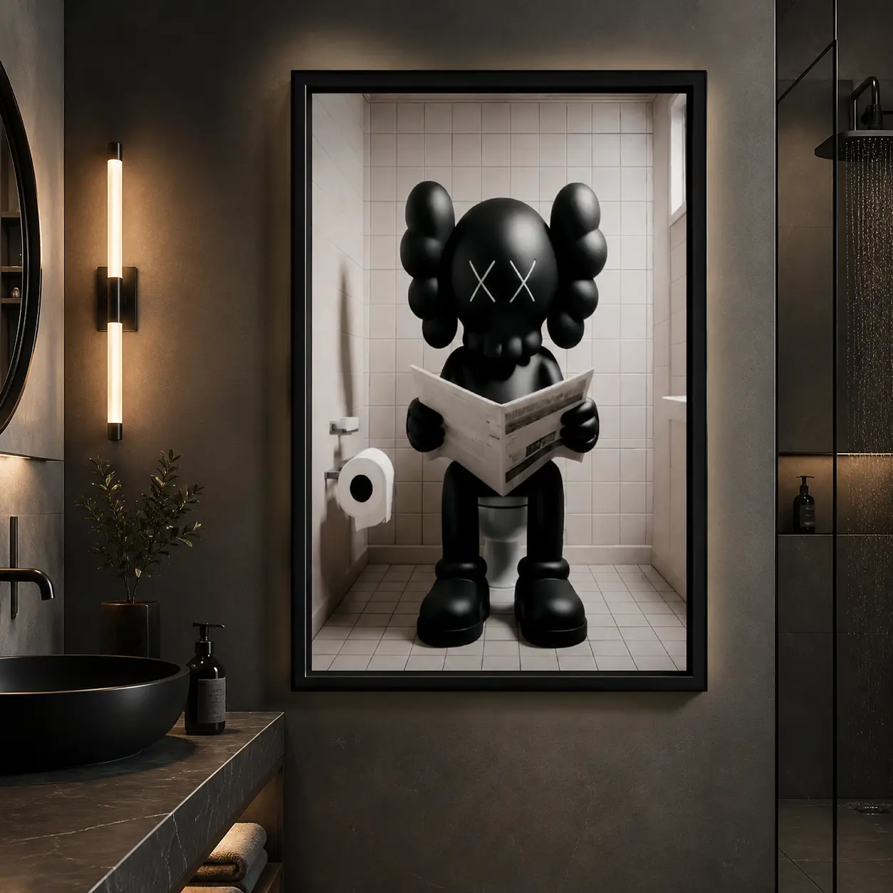 Funny Kaws Wall Art Poster |   Hypebeast Toy Sitting on Toilet Canvas for Modern Room Decor, Funny Bathroom Wall Art, Streetwear Poster, Guest Restroom Decor, Hypebeast Room Decor, Gift for Art Fans