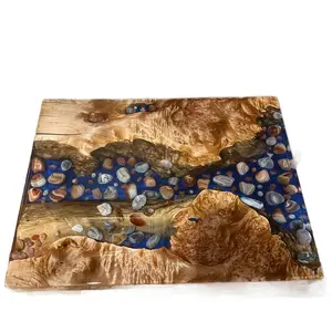 Lake Superior Agate River Table with Natural Maple Burl & Colorful Agate Stone Design Unique Wood Artwork