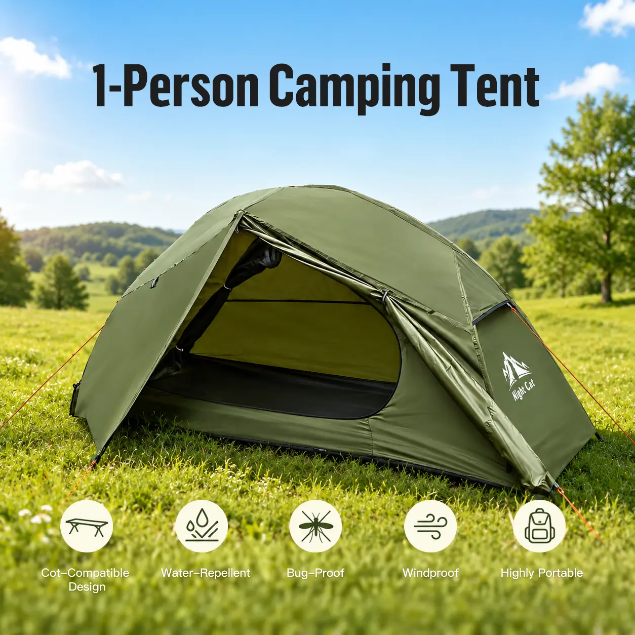 Night Cat Single Person Camping Tent, Lightweight & Easy-to-Set-Up Cot Tent with Breathable Mesh & Waterproof Base for Hiking & Motorcycle Trips, Outdoor Camping Tent, Lightweight Gear