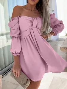 Women's Plain Ruched Off The Shoulder Dress, Elegant Flounce Sleeve Zipper Back Short Dress for Summer, Ladies Clothes for Vacation Wedding Guest, Formal Dresses Women
