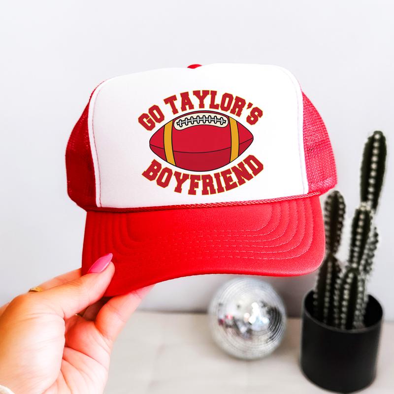 Go Taylor's Boyfriend Football Season Trucker Hat - Kansas Football Red and Gold Cap - Funny Travis Fan Snapback for Women and Teens