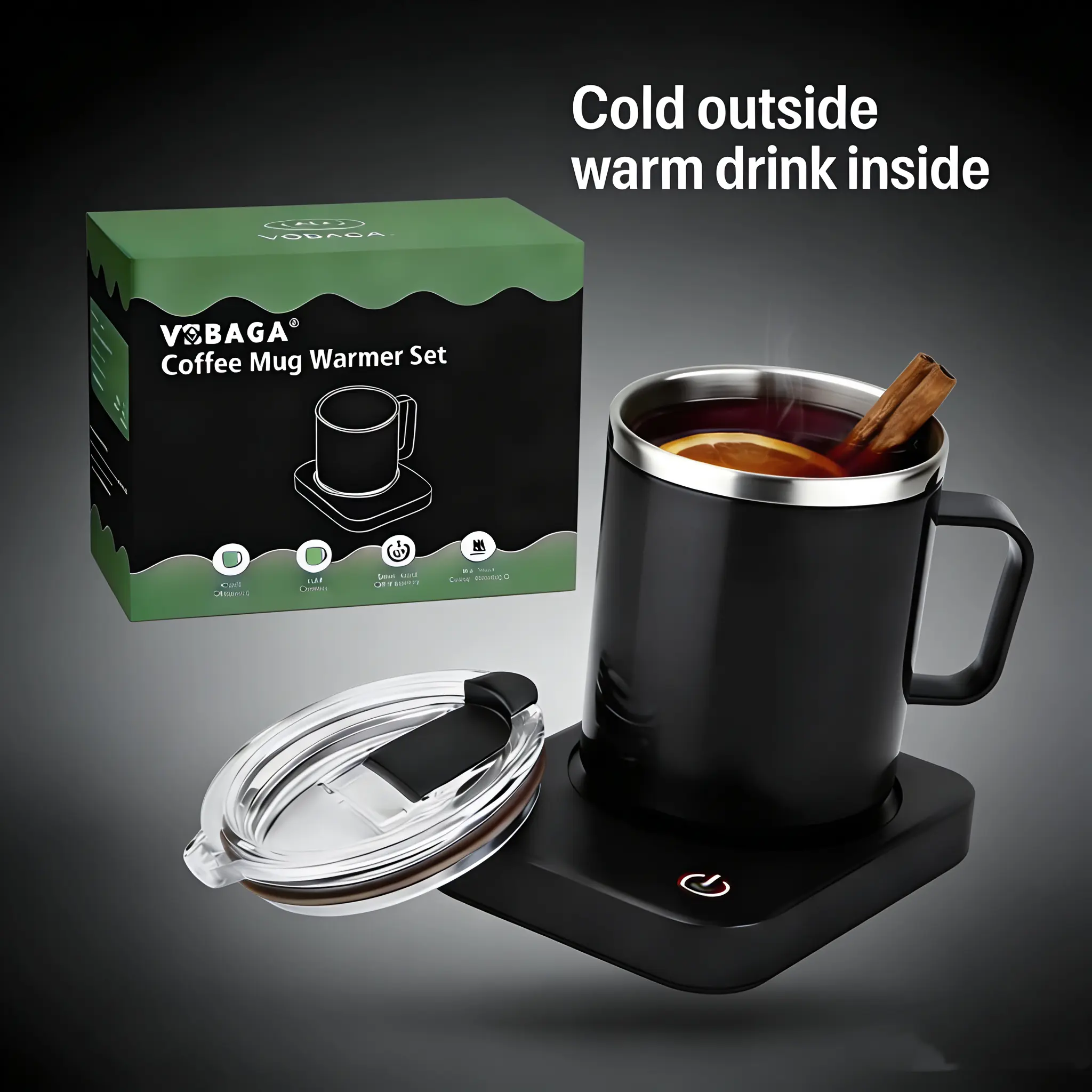 VOBAGA Coffee Mug Warmer Set with 15oz Stainless Steel Mug 3 warm cup Temperature Settings 4-Hour Auto Shut-Off Smart Safety Protection Portable Gift-Ready for Coffee Tea Milk Candle Warmer,VOBAGA Heated Coaster & Mug Set – Keep Your Drinks Warm Anytime