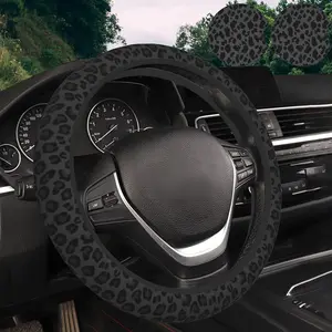 Black Leopard Print Steering Wheel Cover and 2 Car Coasters, Neoprene Material, Car Accessories Decoration Suitable for Men and Women, Suitable for 14.5-15inch Cars, SUVs, Trucks