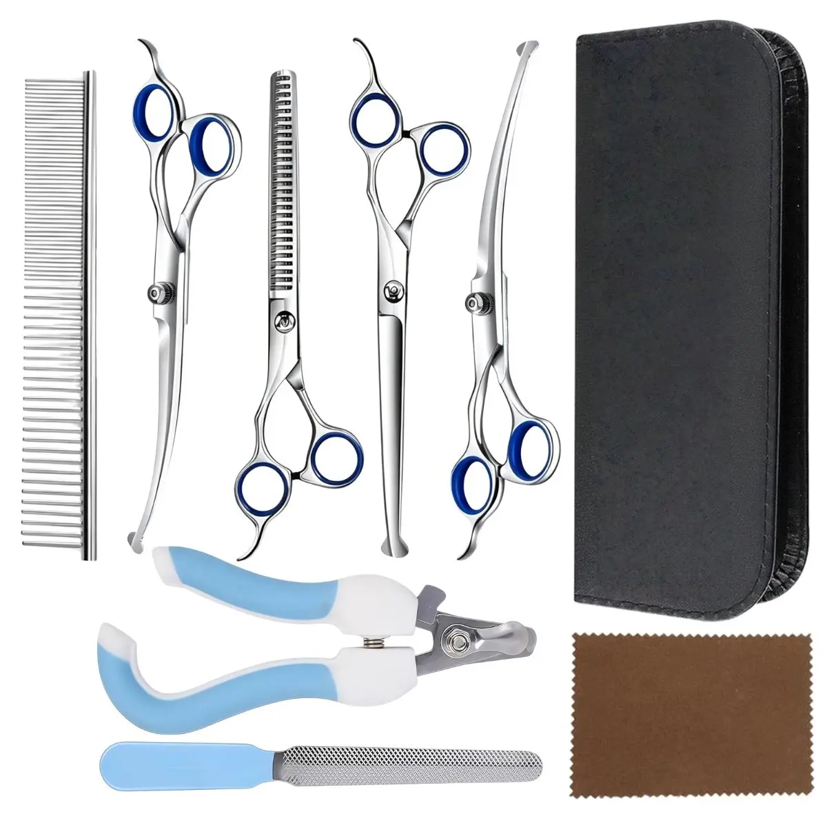 Professional Dog Cat Grooming Scissors 9pcs Kit, Stainless Steel Pet Hair Cutting Thinning Curved Straight Shears, Pet Nail Clipper Nail File Grooming Comb Cleaning Cloth Storage Bag, Safe Pet Trimming Tools for Long Short Haired Pets