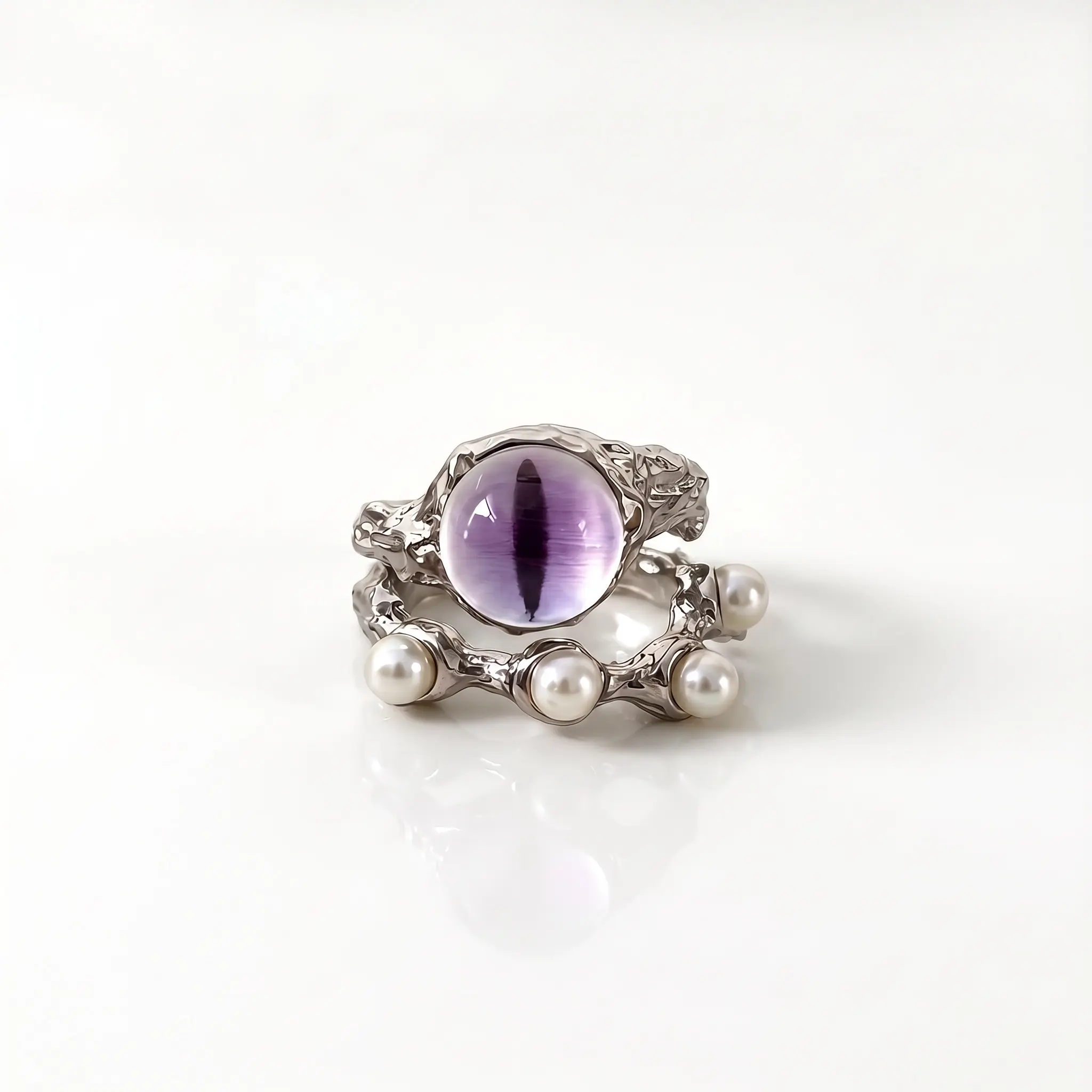 Women's Cat Eye Effect Open Ring - Alloy & Glass with Imitation Pearl, Boho Statement Ring, Decorated Meaningful Accessory, Everyday & Party Wear Gift Option