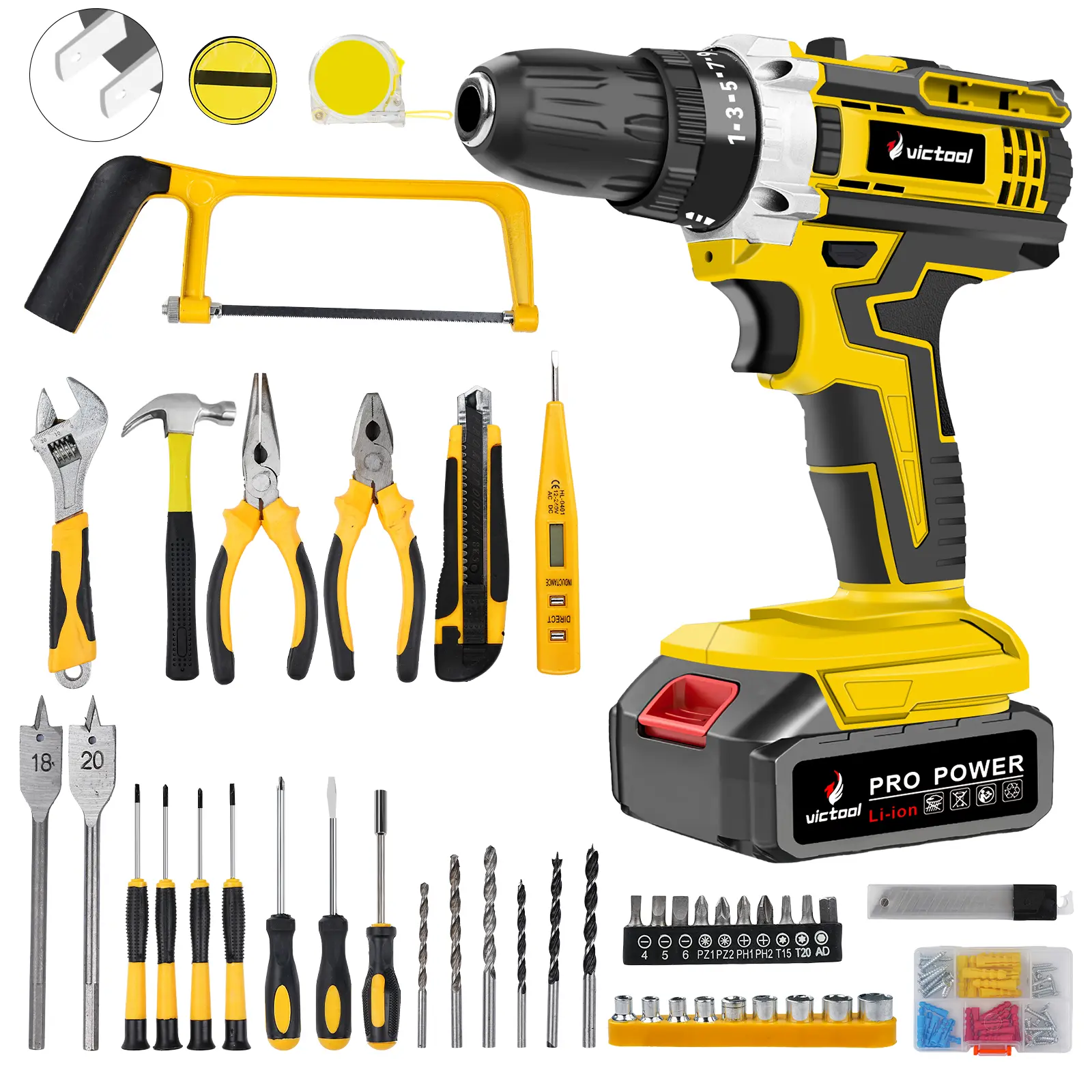 21V Cordless Electric Drill Portable Impact Drill Combo Set Household Auto Repair Hand Tool Kit