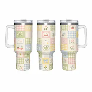 40oz Stainless Steel Insulated Tumbler Bottle - With Handle & Straw, Cream Pastel Gingham Patchwork Checkered Full Wrap Print, Tiny Wildflower Strawberry Cherry Apple Bow Detail, Double Wall Leakproof, For Coquette Cottagecore Enthusiasts Daily Hydration