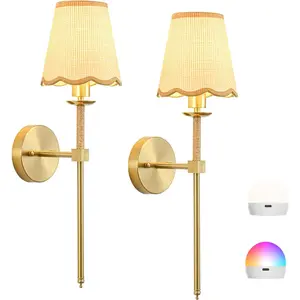 Battery Operated Wall Sconce Set of 2, Gold Wireless Rechargeable Wall Lights with Rattan Shade, 12 RGB and 3CCT Dimmable Cordless Wall Lamps with Remote for Bedroom  Room