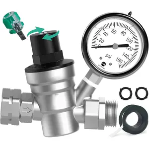 Lead-Free Nickel Plated Brass RV Water Pressure Regulator Adjustable Valve with Oil Filled Gauge for Camper, Includes Screwdriver, Roll Of Teflon Tape & 2 Extra Rubber Washers