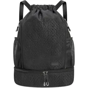 Drawstring Backpack with Shoe Compartment, Gym Bag Backpack for Men Women, Cinch Swim Beach Bag String Sports Bag for Soccer and Basketball, Black