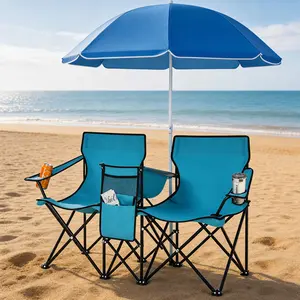 2-Seat Folding Beach Chair Set with Adjustable Umbrella, Portable Camping Chairs with Cooler Bag & Cup Holders, for Beach, Patio & Outdoor Sports fathersdaygift